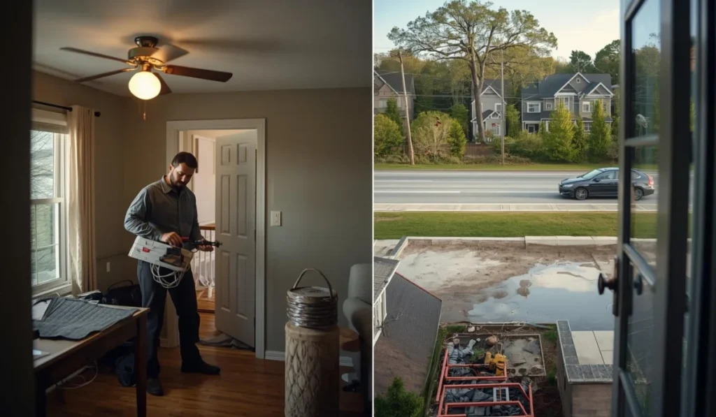 Fixable home issues vs permanent limitations comparison showing indoor repair work and an exterior site constraint.