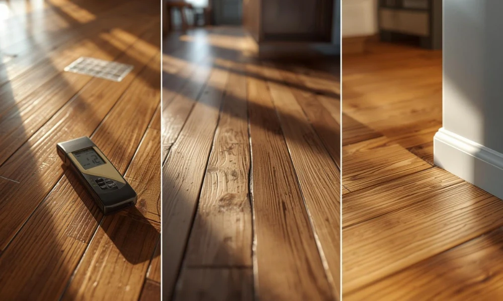 Hardwood floor gapping, cupping, and peaking with moisture meter reading in a Dallas, TX home