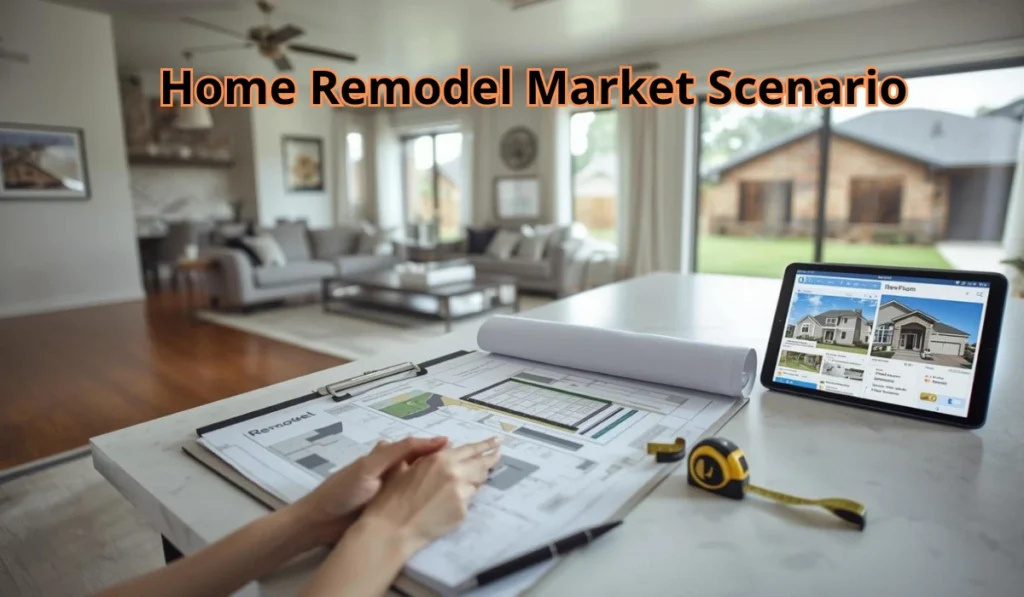 Home remodel market scenario with renovation plans and tablet showing listings, planning a remodel in Dallas TX.