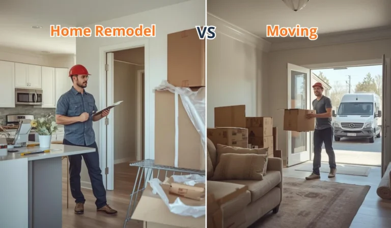 Home remodel vs moving comparison showing renovation planning and packing boxes for relocation.