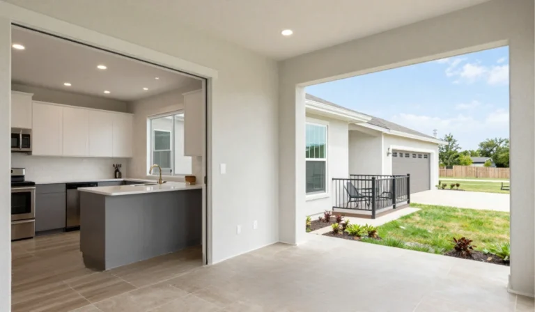 Modern Dallas home remodeling project with open kitchen upgrade and expanded living space leading to a backyard patio