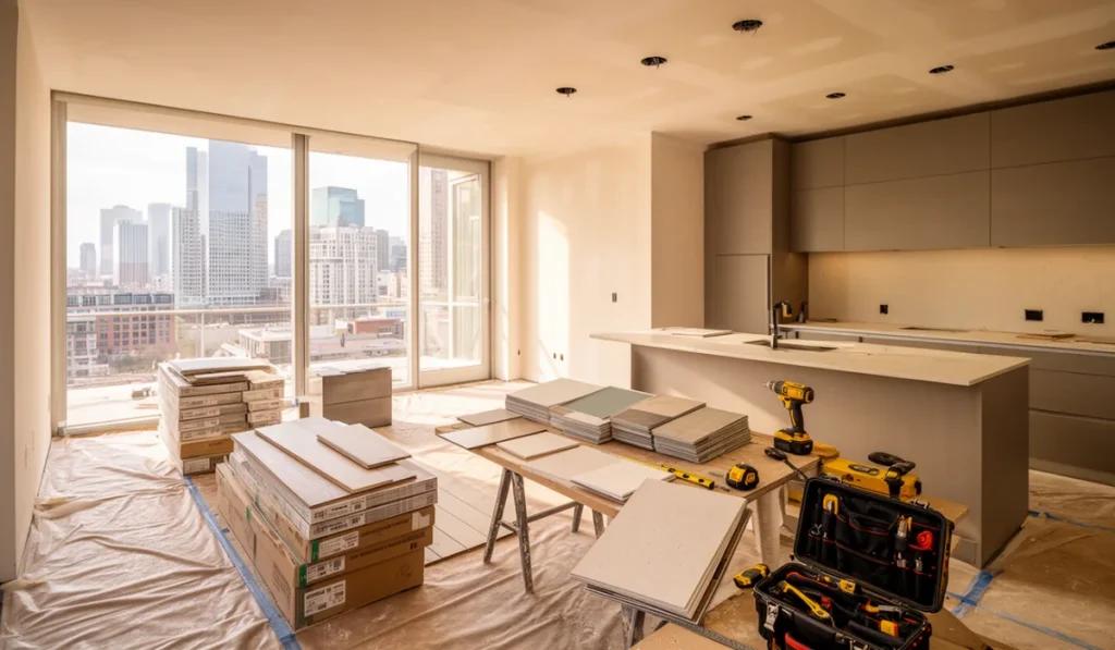 Bright Dallas-Fort Worth condo remodel underway with protective floor covering, stacked flooring materials, and contractor tools staged in an open living area beside an unfinished modern kitchen. This image works well for explaining how long a condo renovation takes in DFW, from material delivery and prep to installation and finishing.