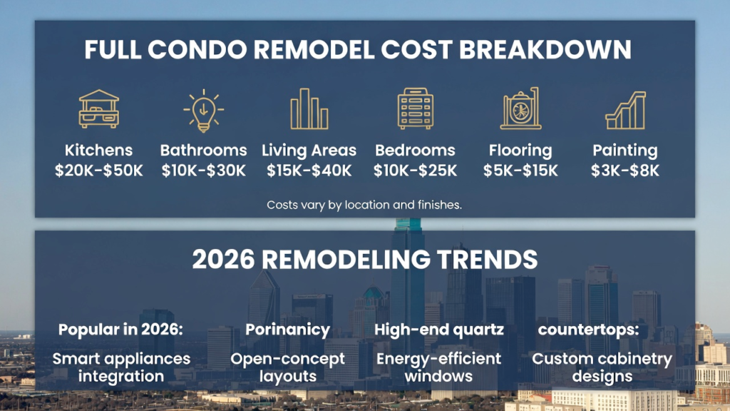 Full condo remodel cost breakdown infographic showing kitchens, bathrooms, living areas, bedrooms, flooring, and painting price ranges.