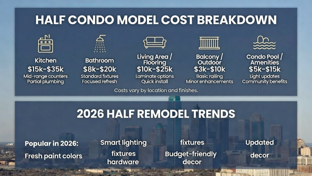 Half condo remodel cost breakdown infographic for kitchen, bathroom, living area flooring, balcony upgrades, and condo amenities