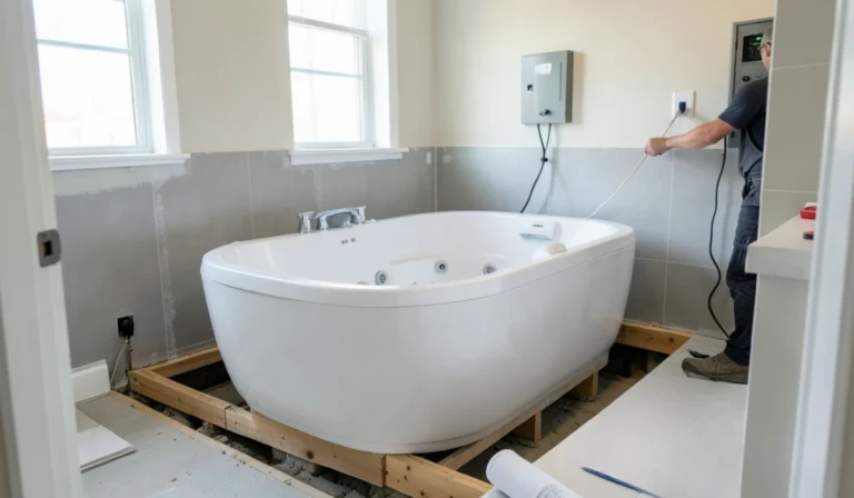 Jacuzzi tub bathroom remodel in progress with framed platform, plumbing and electrical work, and contractor installing a jetted soaking tub.