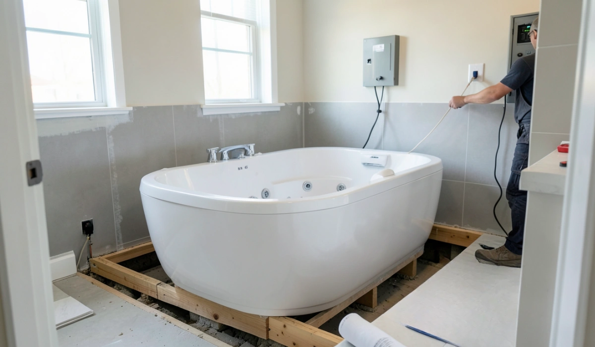 Jacuzzi tub bathroom remodel in progress with framed platform, plumbing and electrical work, and contractor installing a jetted soaking tub.
