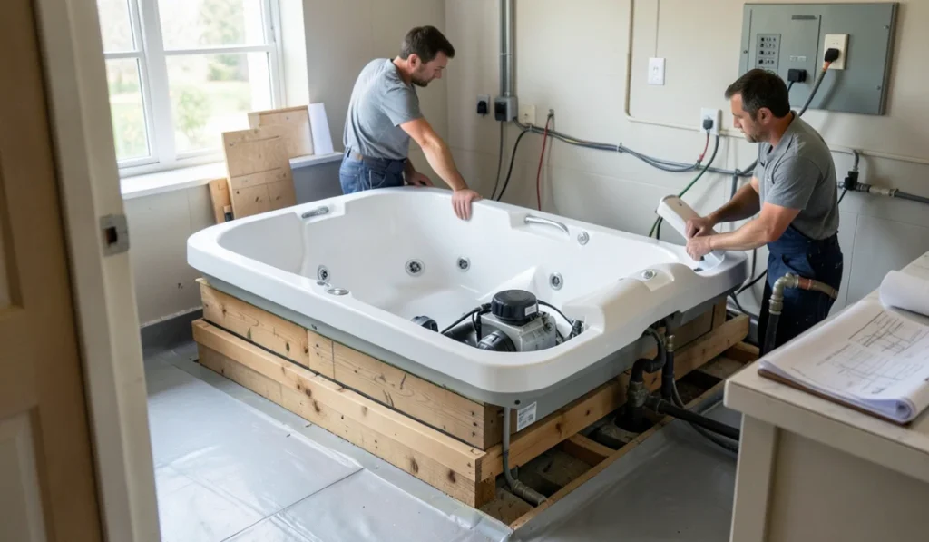 Jacuzzi bathroom renovation with contractors installing a jetted tub on a framed platform, showing plumbing lines, pump equipment, and electrical connections.