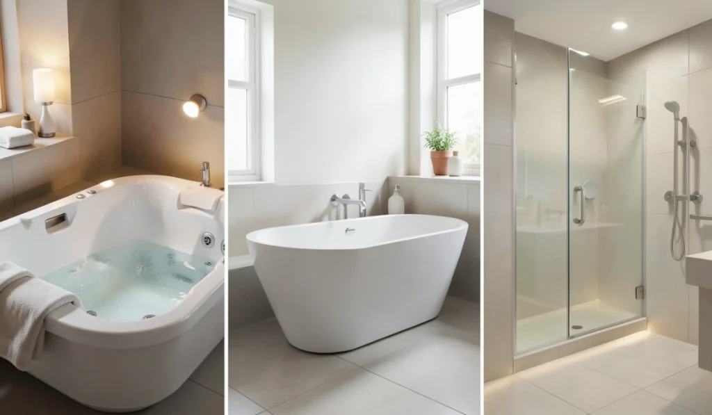 Bathroom remodel tub comparison showing jacuzzi jetted tub, freestanding soaking tub, and walk in shower layout options for comfort and accessibility.