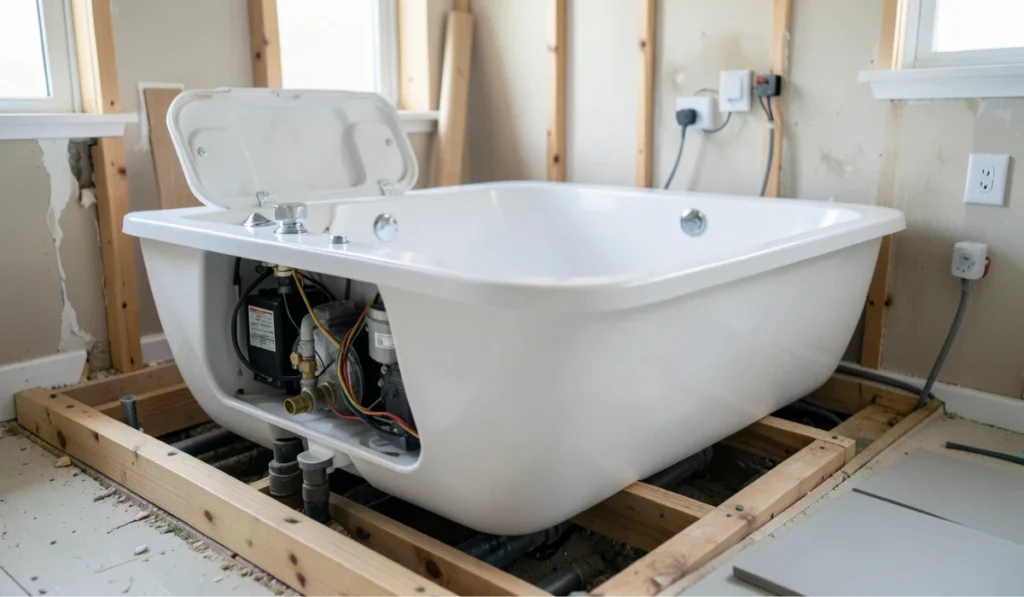 Jetted bathtub installation showing access panel, pump and motor components, plumbing lines, and reinforced floor framing during a bathroom remodel.