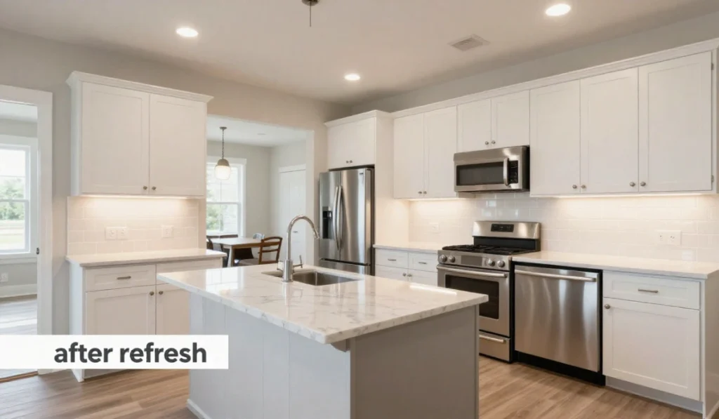 Dallas kitchen refresh after remodel with white shaker cabinets, quartz island countertop, subway tile backsplash, and stainless steel appliances