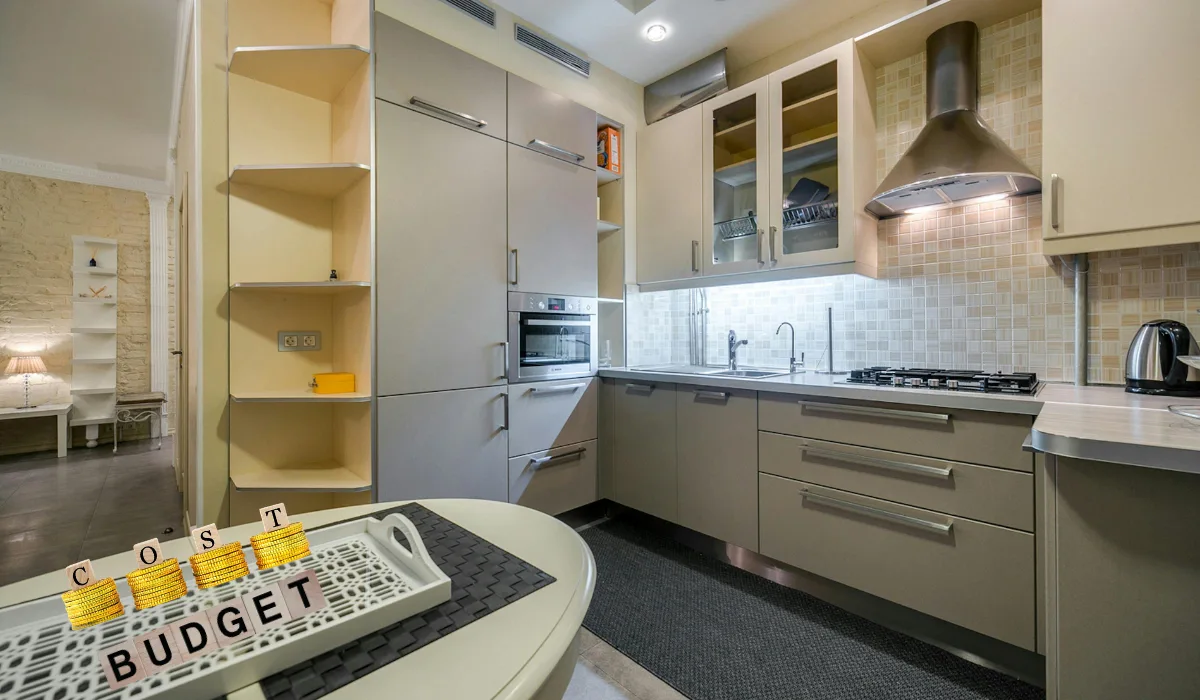 Modern kitchen remodel with cabinets, range hood, and countertop lighting showing “COST BUDGET” concept for kitchen renovation budgeting.