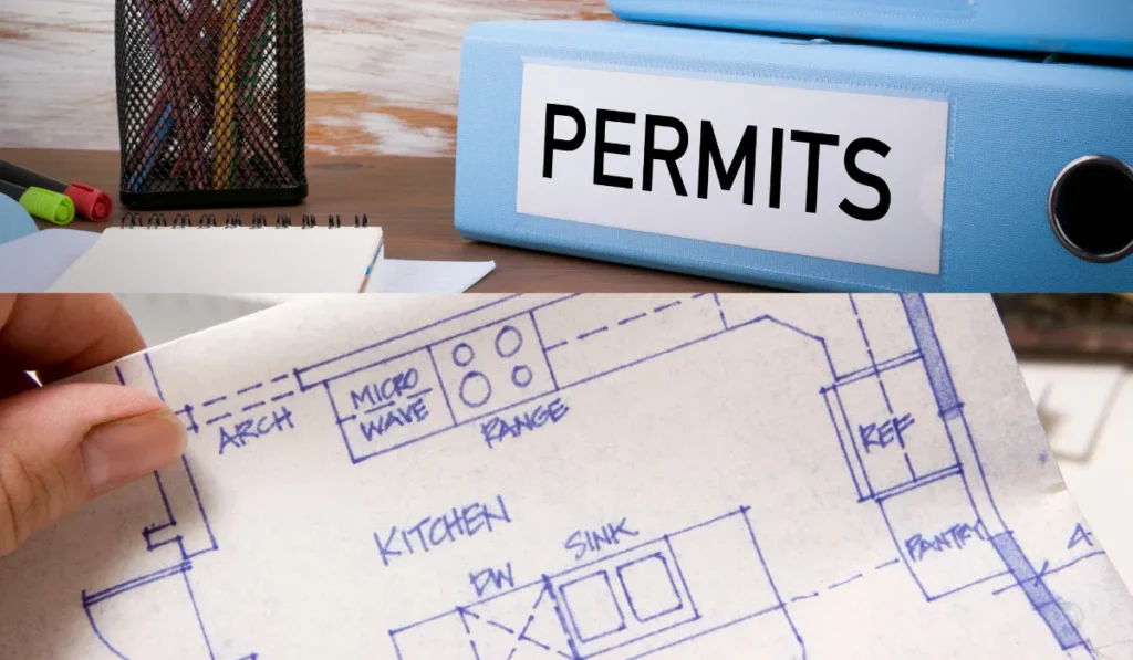 Kitchen remodel permits concept with a “PERMITS” binder and kitchen layout blueprint, highlighting planning and permitting requirements for Dallas-Fort Worth kitchen renovations