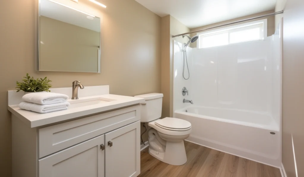 Light bathroom refresh remodel with new vanity, toilet, and tub-shower surround, a budget-friendly bathroom update in Dallas-Fort Worth