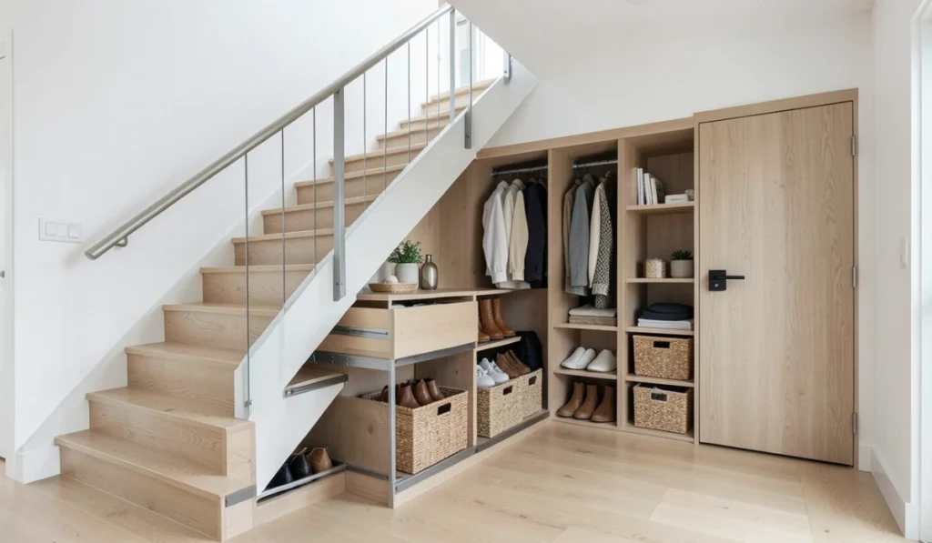 Under stairs storage remodel with built in cabinets, open shelving, coat hanging space, and pull out drawers for organized entryway storage
