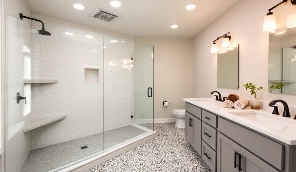 Mid-level bathroom remodel with double vanity, glass walk-in shower, white subway tile, and patterned floor tile in a Dallas-Fort Worth home