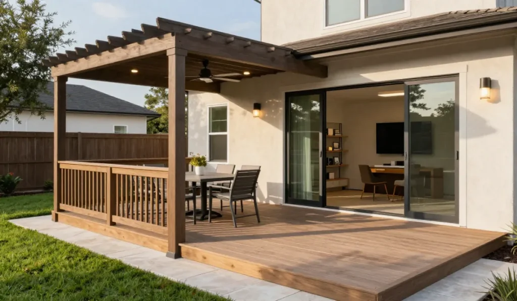 Backyard outdoor living deck with wood pergola cover, patio seating, and sliding glass doors for indoor outdoor entertaining