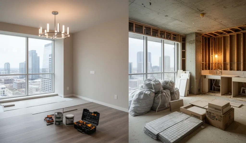 Partial vs full condo remodel comparison in DFW showing finished modern living space beside gutted renovation with materials and framing