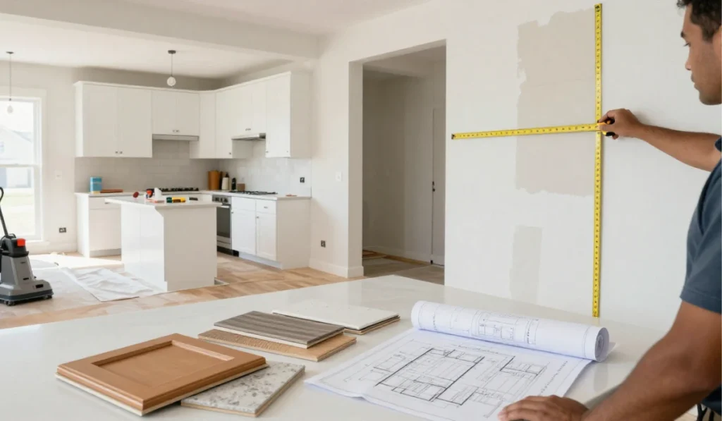 Contractor measuring wall during kitchen renovation planning with blueprints and material samples on