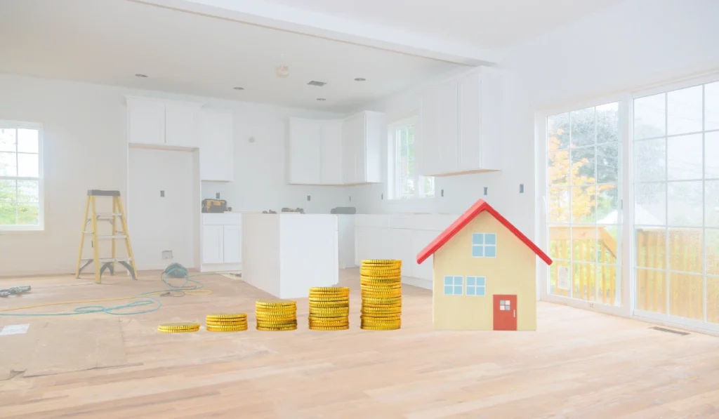 Kitchen remodel budget planning with stacked coins and model house showing renovation cost increases