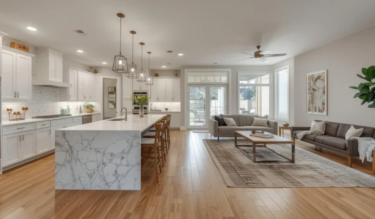 Open concept kitchen and living room remodel with white cabinets, large island, and hardwood floors