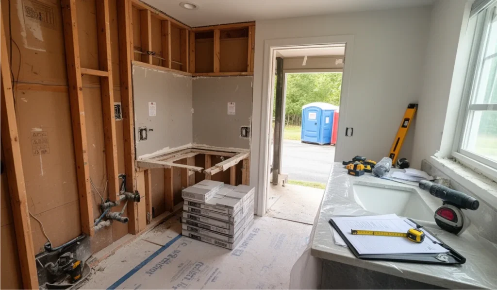 Bathroom remodel in progress with exposed studs, plumbing rough-in, stacked tile, and measuring tools during renovation planning in Dallas-Fort Worth