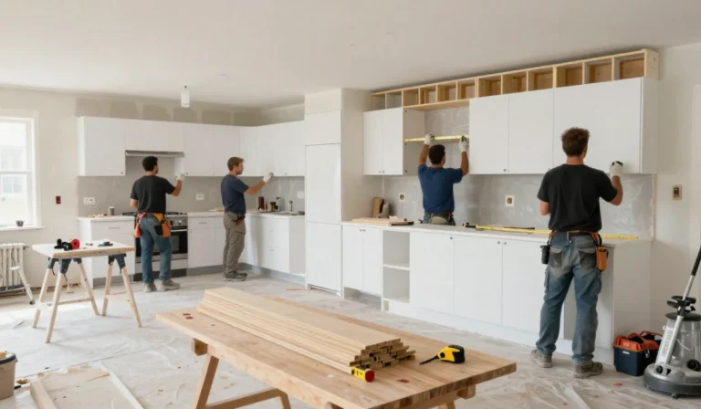 Home renovation crew installing and measuring white kitchen cabinets during full kitchen remodel project