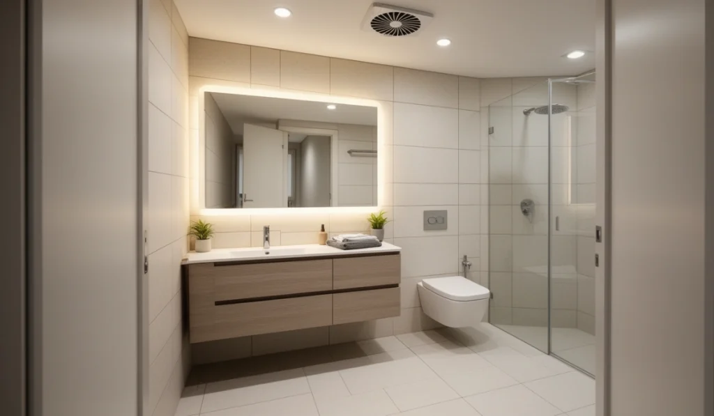 Small bathroom remodel with floating vanity, backlit mirror, recessed lighting, and glass shower for a clean modern layout.