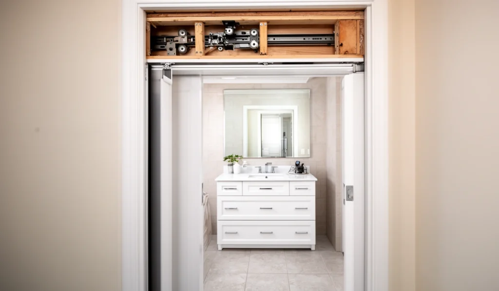 Pocket door bathroom remodel space saving design with hidden sliding track and a white vanity in a small bathroom entry