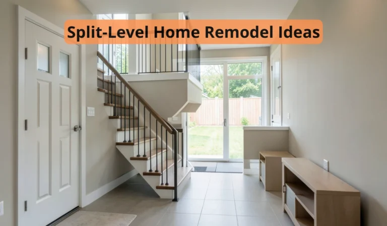 Split level home remodel entryway with updated staircase railing, fresh paint, new flooring, and brighter open foyer layout.