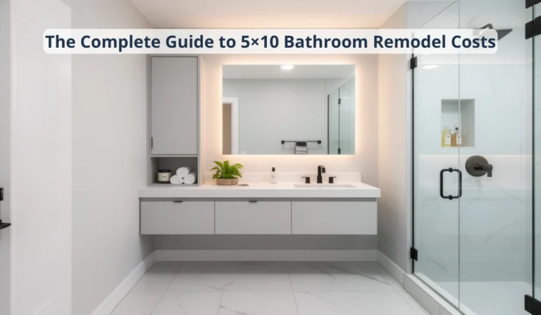 A bright, modern 5x10 bathroom renovation featuring a floating double-drawer vanity, backlit mirror, and frameless glass shower. Ideal for a cost guide covering 5x10 bathroom remodel pricing, material choices, labor, and budget planning for Dallas and the DFW area.