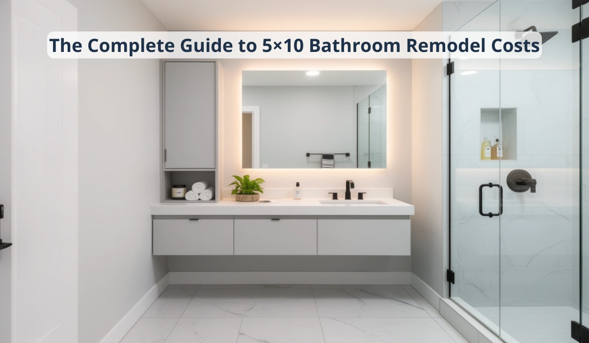 A bright, modern 5x10 bathroom renovation featuring a floating double-drawer vanity, backlit mirror, and frameless glass shower. Ideal for a cost guide covering 5x10 bathroom remodel pricing, material choices, labor, and budget planning for Dallas and the DFW area.