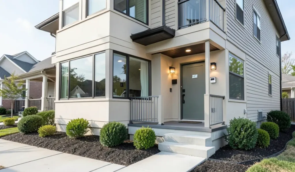 Exterior home remodel with upgraded front porch, modern entry door, new siding, and large energy efficient windows for improved curb appeal