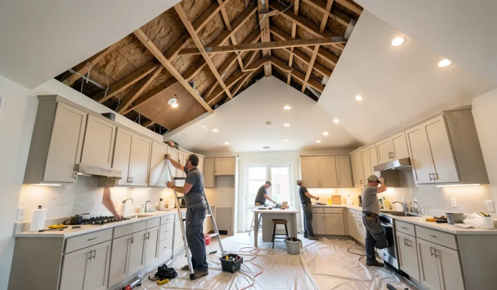 Kitchen remodel in progress with vaulted ceiling framing, soffit removal, recessed lighting, and contractors installing new cabinets and finishes.