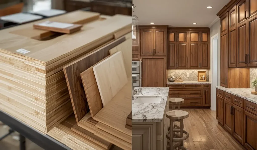 A kitchen featuring high-quality wooden cabinets and countertops, showcasing a warm and inviting design.