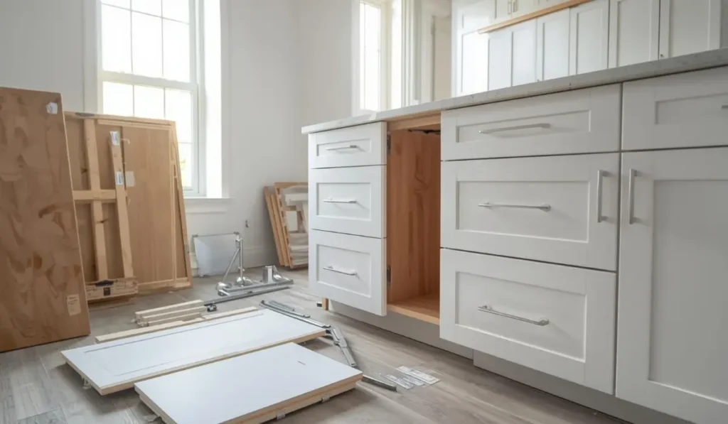 A kitchen featuring white cabinets and a wooden floor, showcasing RTA Cabinets for a modern and stylish look.