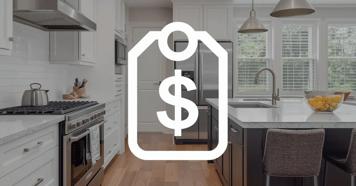 A kitchen scene with a dollar sign on the counter, highlighting expenses related to kitchen renovations.