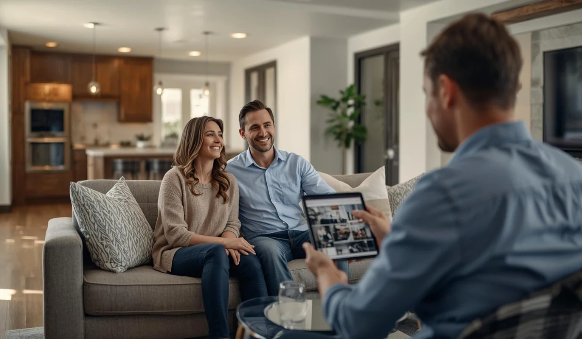 Homeowners meeting with a remodeling contractor for an in home consultation, reviewing project photos and discussing renovation plans.