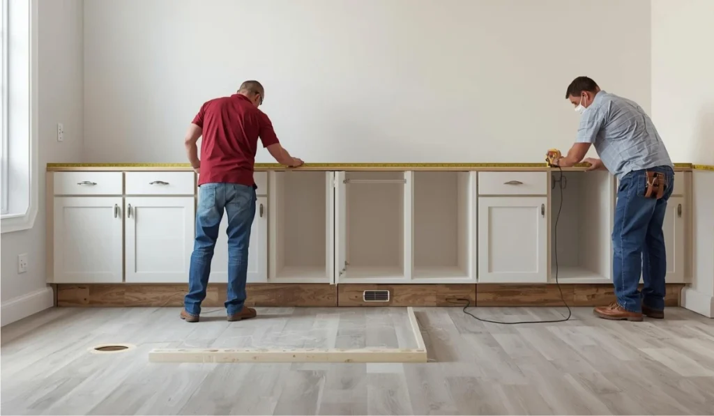 Contractors measuring kitchen base cabinets during installation and cabinet dimension planning.