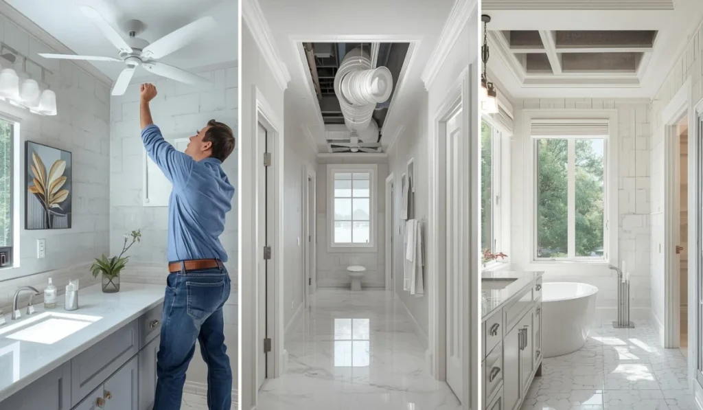 Three-panel image showing a homeowner checking a bathroom fan, exposed ventilation ductwork, and a finished bathroom for a mechanical ventilation inspection checklist.
