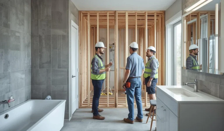 Contractors inspecting framing and bathroom layout during a bathroom remodel checklist review in Dallas.