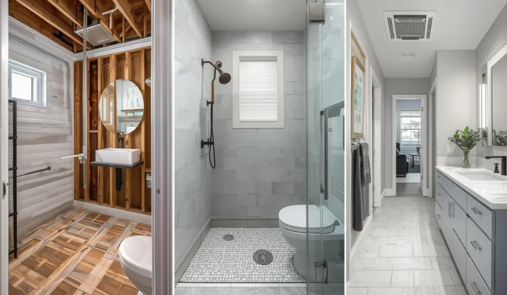 Three-stage bathroom remodel image showing rough framing, finished shower installation, and completed vanity area during inspection stages in Dallas.