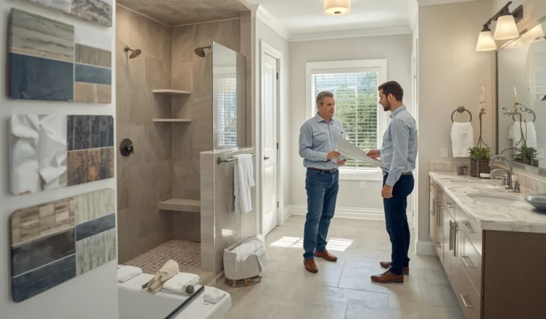Two professionals reviewing bathroom remodel plans in a finished bathroom during a permit consultation in Dallas.