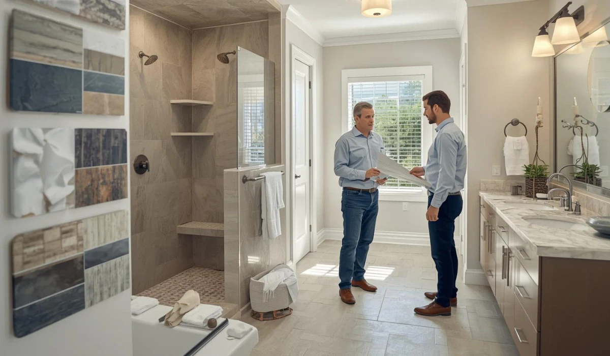 Two professionals reviewing bathroom remodel plans in a finished bathroom during a permit consultation in Dallas.
