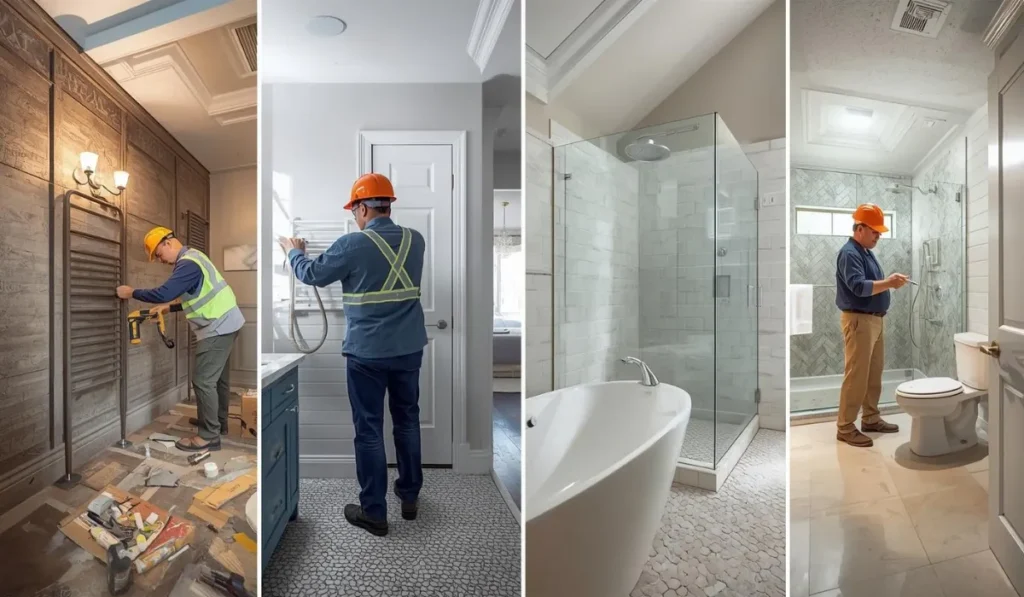 Bathroom remodeling professionals performing safety checks during different stages of a bathroom renovation in Dallas.