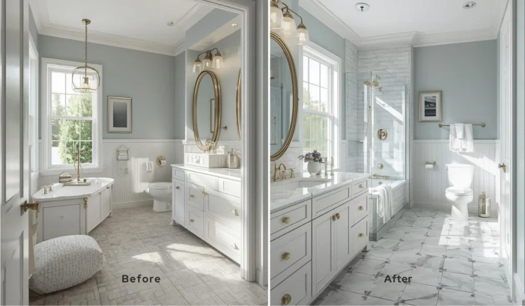 Before and after view of cosmetic bathroom updates in Dallas showing refreshed finishes, fixtures, and surfaces without major layout changes.