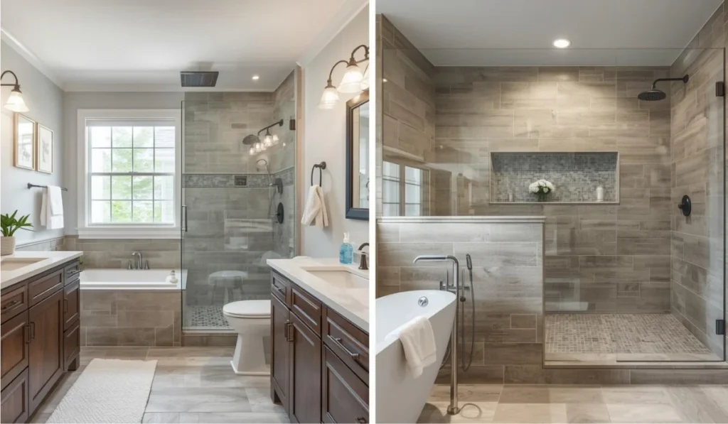 Spa style bathroom remodel with double vanity, tiled walk in shower, freestanding tub, and modern lighting for a luxury retreat feel.