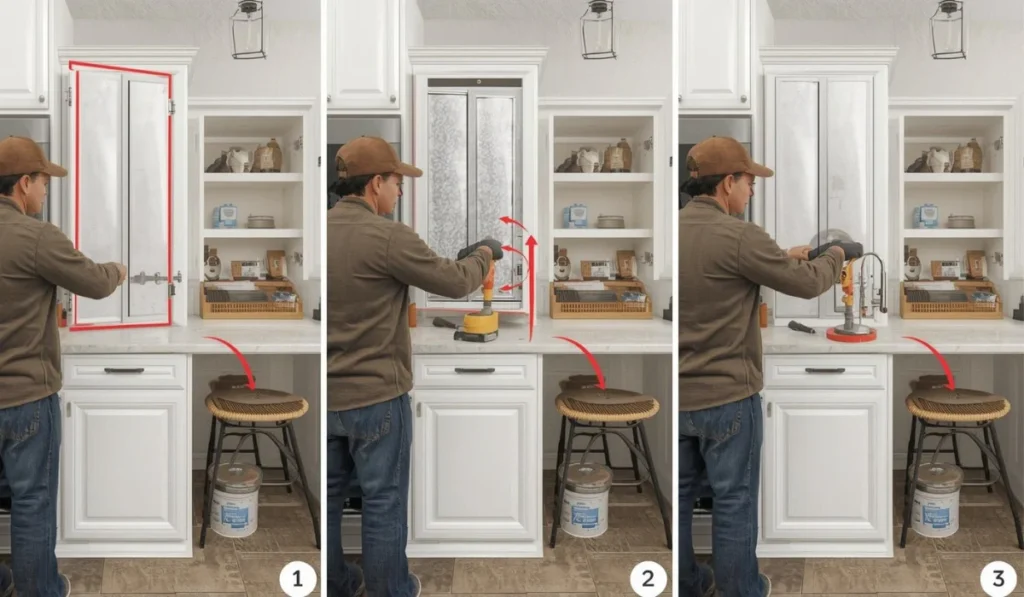 Step-by-step cabinet refacing process showing a contractor adjusting cabinet doors to prevent common refacing problems.