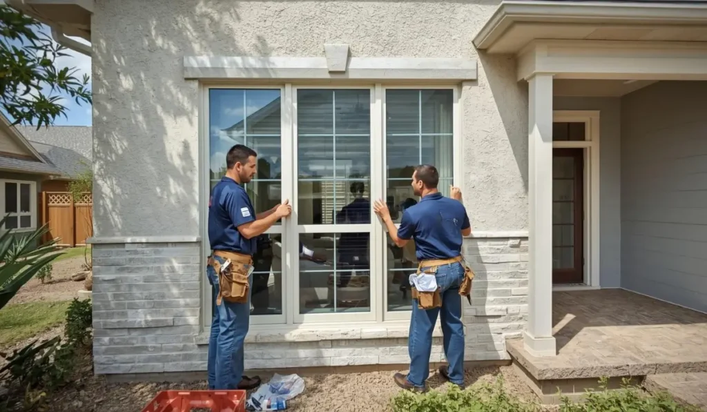 Two Dallas window installers positioning a white replacement window during a residential installation project.