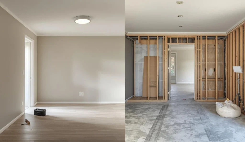 Cosmetic refresh vs full gut renovation comparison showing finished painted room versus stripped framing and construction for major remodel.