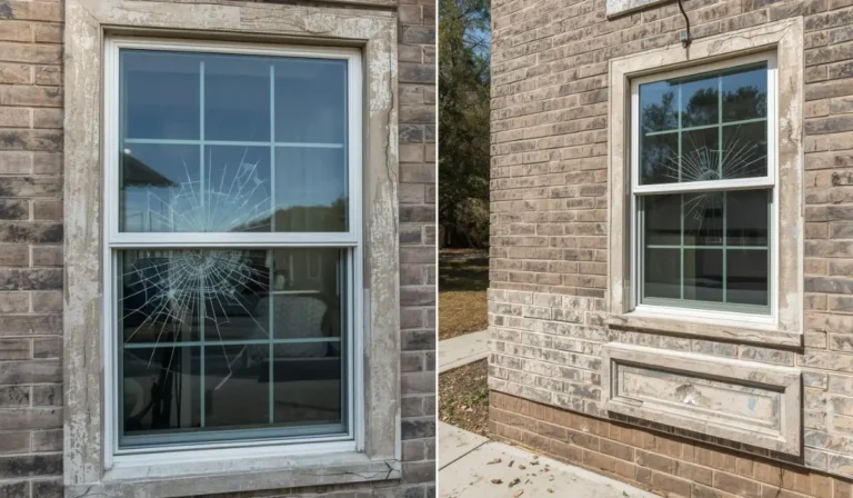 Cracked residential window glass on a brick Dallas home showing a costly window replacement mistake.